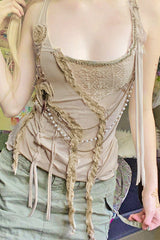 Solid Color Irregular Stringy Selvedge U Neck Tops