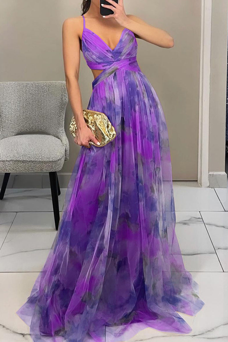 Gradient Print Backless Contrast V Neck Long Dresses