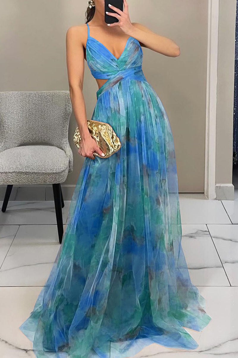 Gradient Print Backless Contrast V Neck Long Dresses