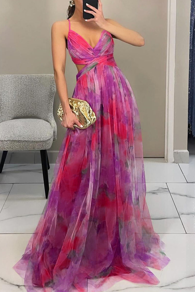 Gradient Print Backless Contrast V Neck Long Dresses