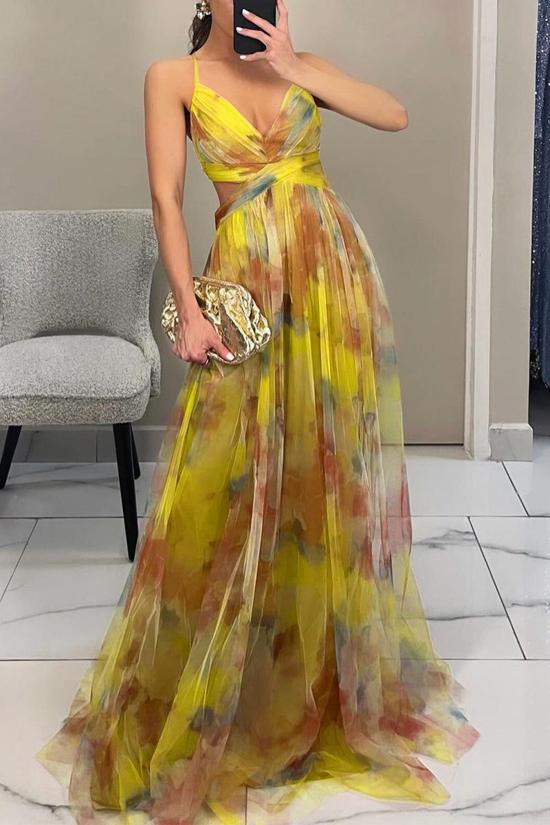 Gradient Print Backless Contrast V Neck Long Dresses