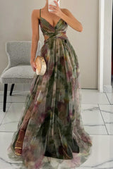 Gradient Print Backless Contrast V Neck Long Dresses