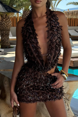 Solid Color Fringed Trim Backless Halter Sleeveless Two Pieces