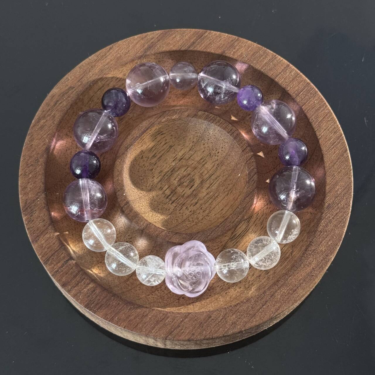 Handcrafted Amethyst & Clear Quartz Bracelet | Rose-Shaped Healing Gemstone Bracelet