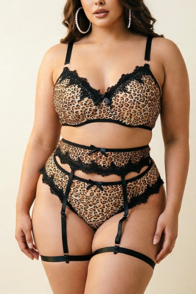 Plus Size Leopard Lace Stitching Bra Garter Set