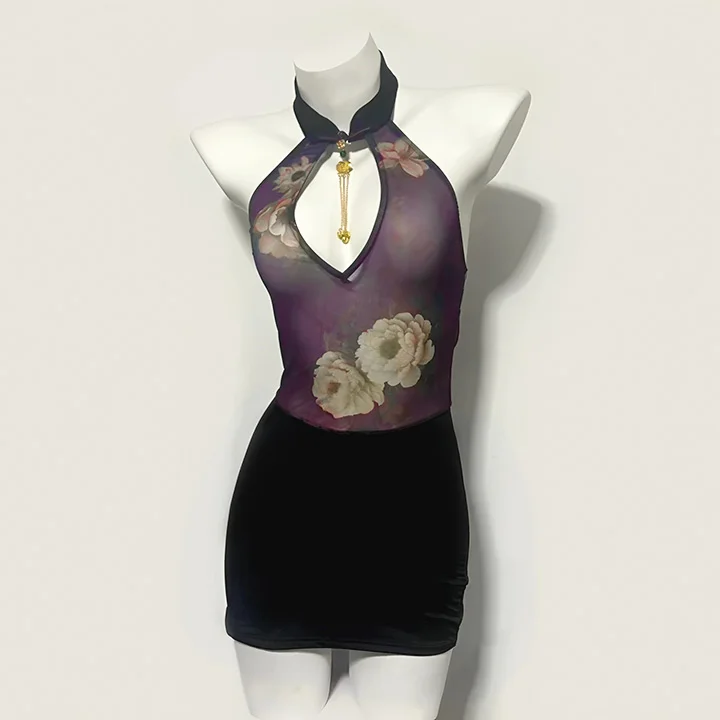 Style Printed See-through Slim Fit Backless Cheongsam
