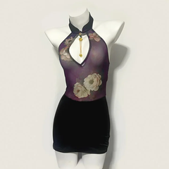 Style Printed See-through Slim Fit Backless Cheongsam