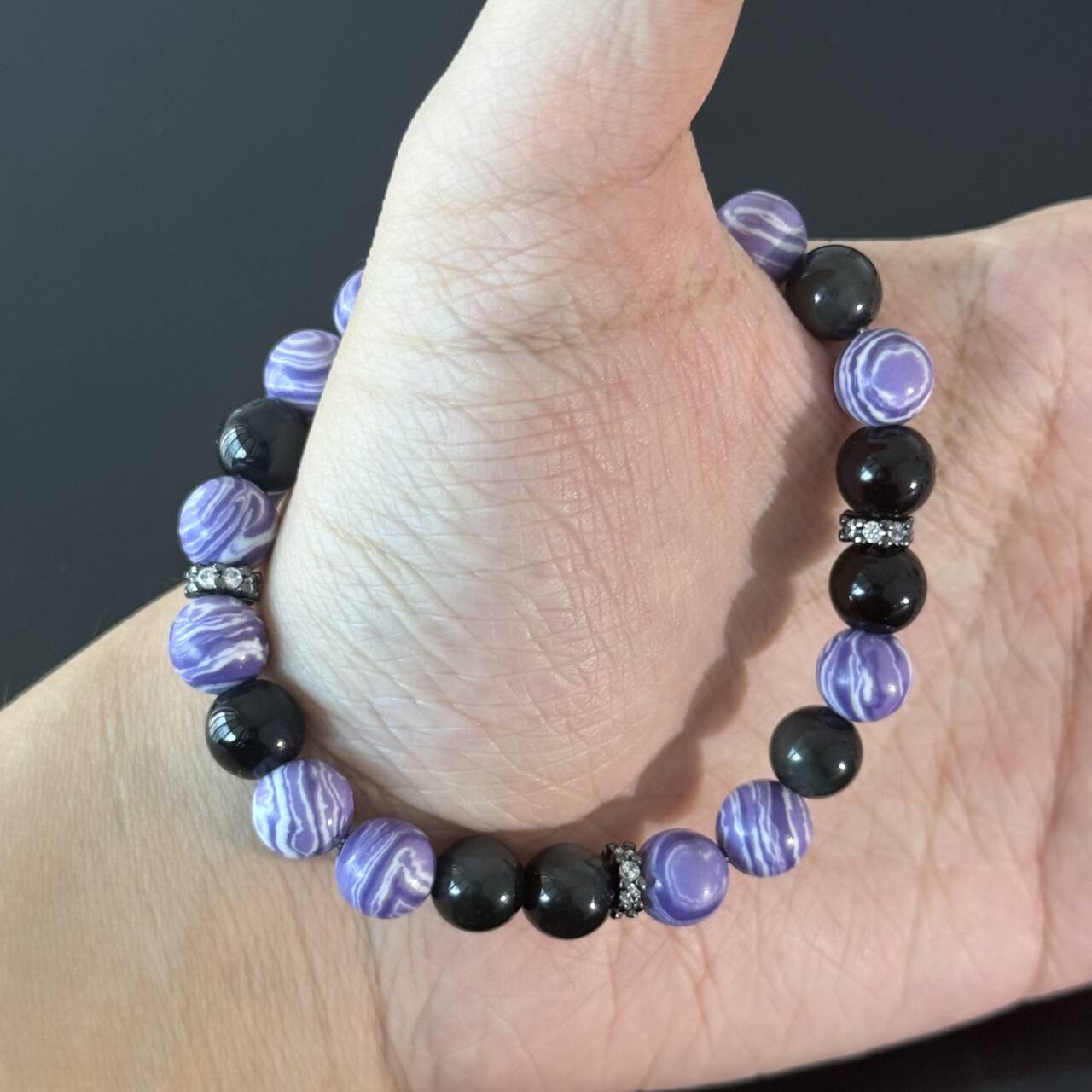 Natural Purple Agate & Obsidian Crystal Handmade Bracelet — Protective Energy Elastic Beaded Gemstone Bracelet