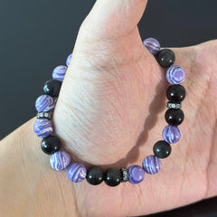 Natural Purple Agate & Obsidian Crystal Handmade Bracelet — Protective Energy Elastic Beaded Gemstone Bracelet