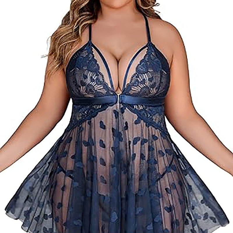 Large Cross Lace up Lace See-through Two-Piece Set Lingerie