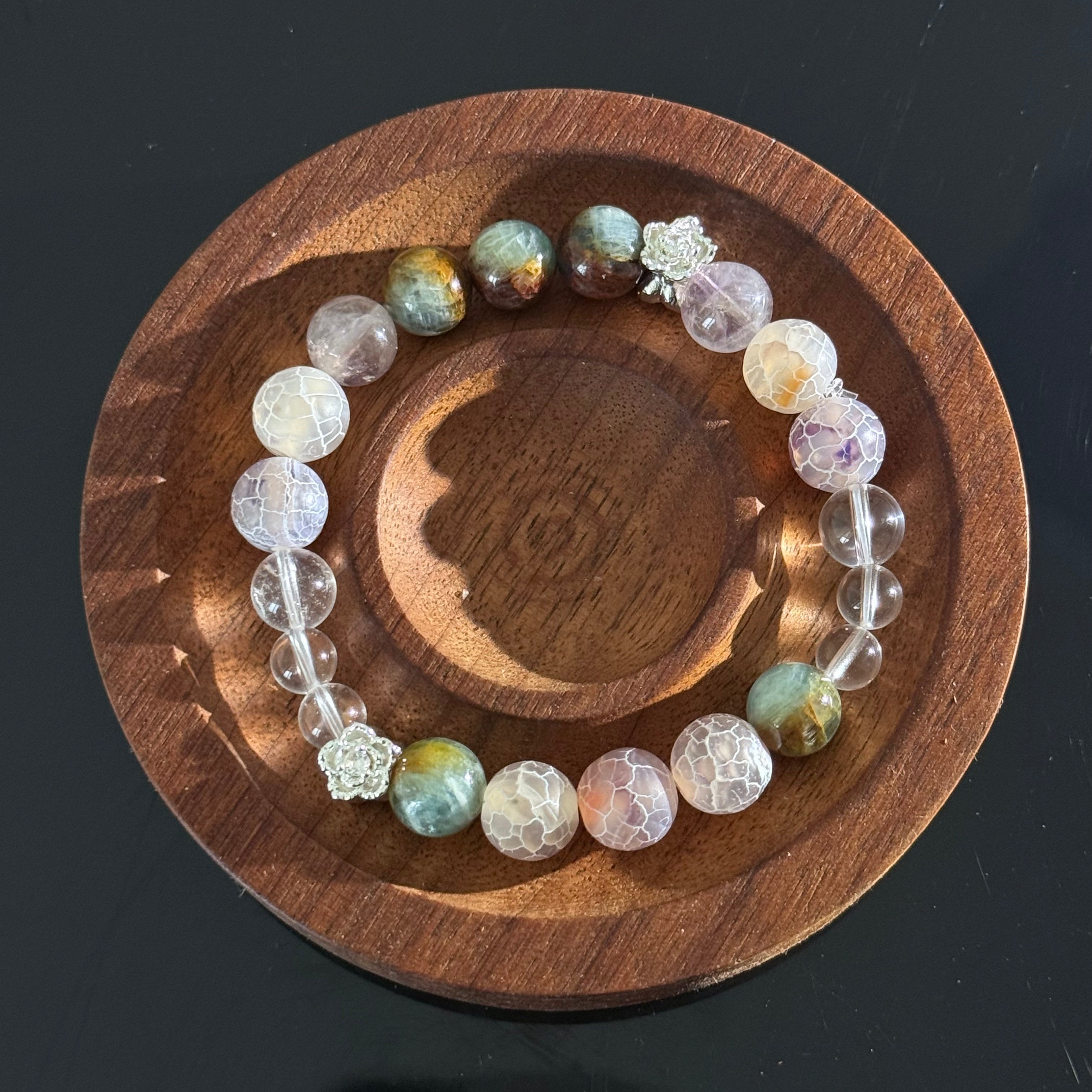 Handcrafted Bracelet: Cracked Agate & White Crystal — Featuring a Pixiu Pendant