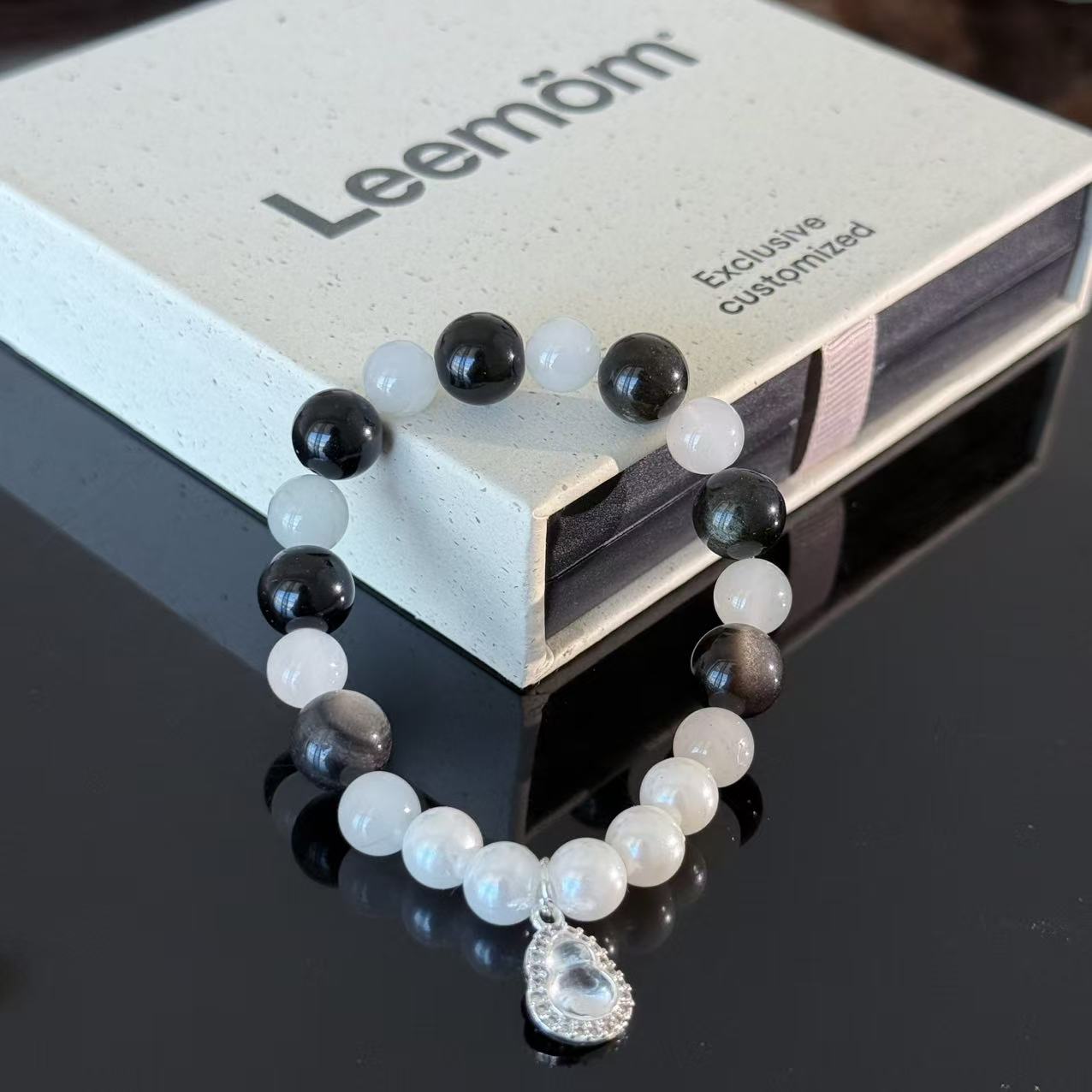 Handcrafted Obsidian & White Moonstone Crystal Bracelet — Guardian & Balancing Gemstone Beaded Bracelet (With Pendant)