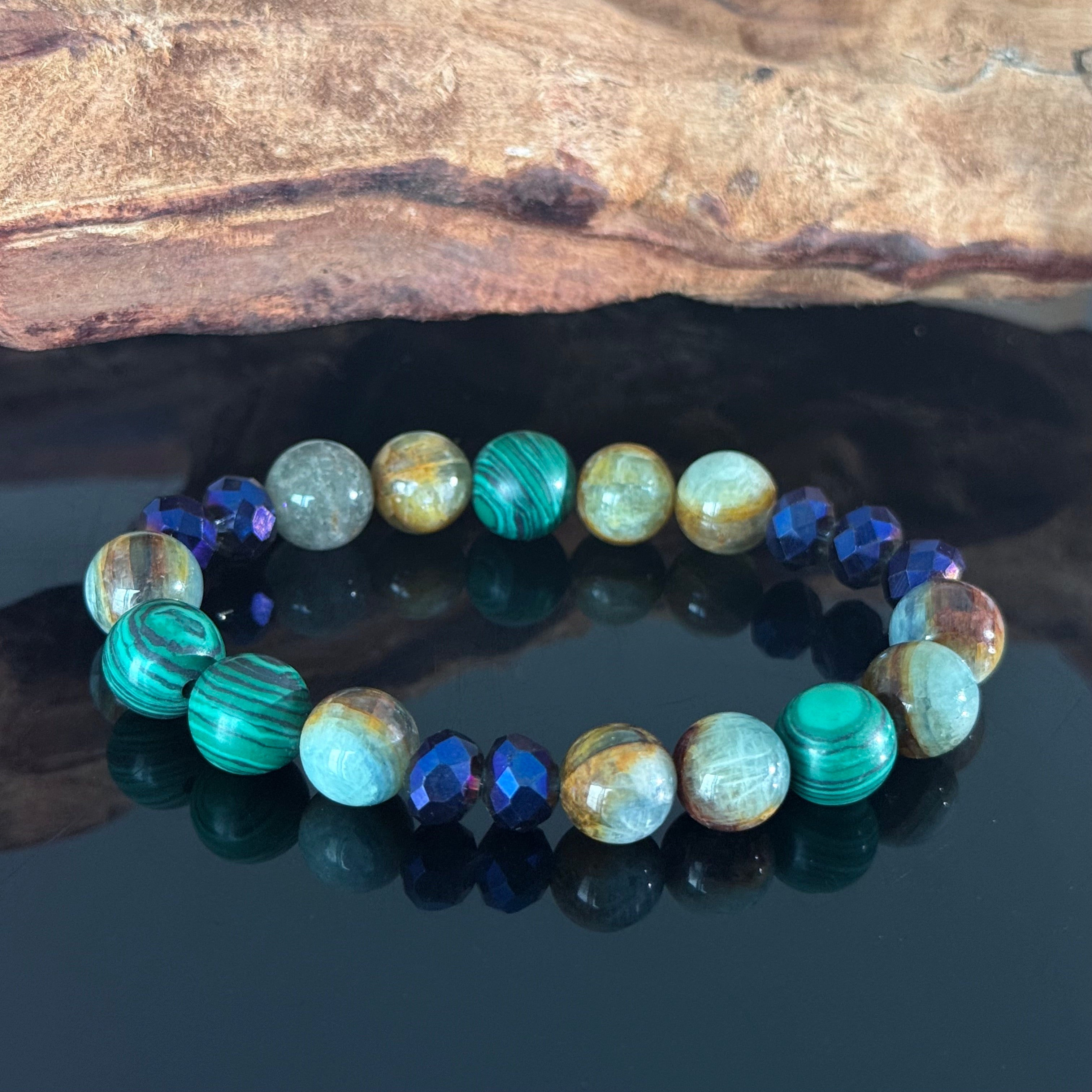 Handcrafted Malachite & Ocean Jasper Bracelet | A Blue Crystal Beaded Healing Bracelet for Balance and Protection