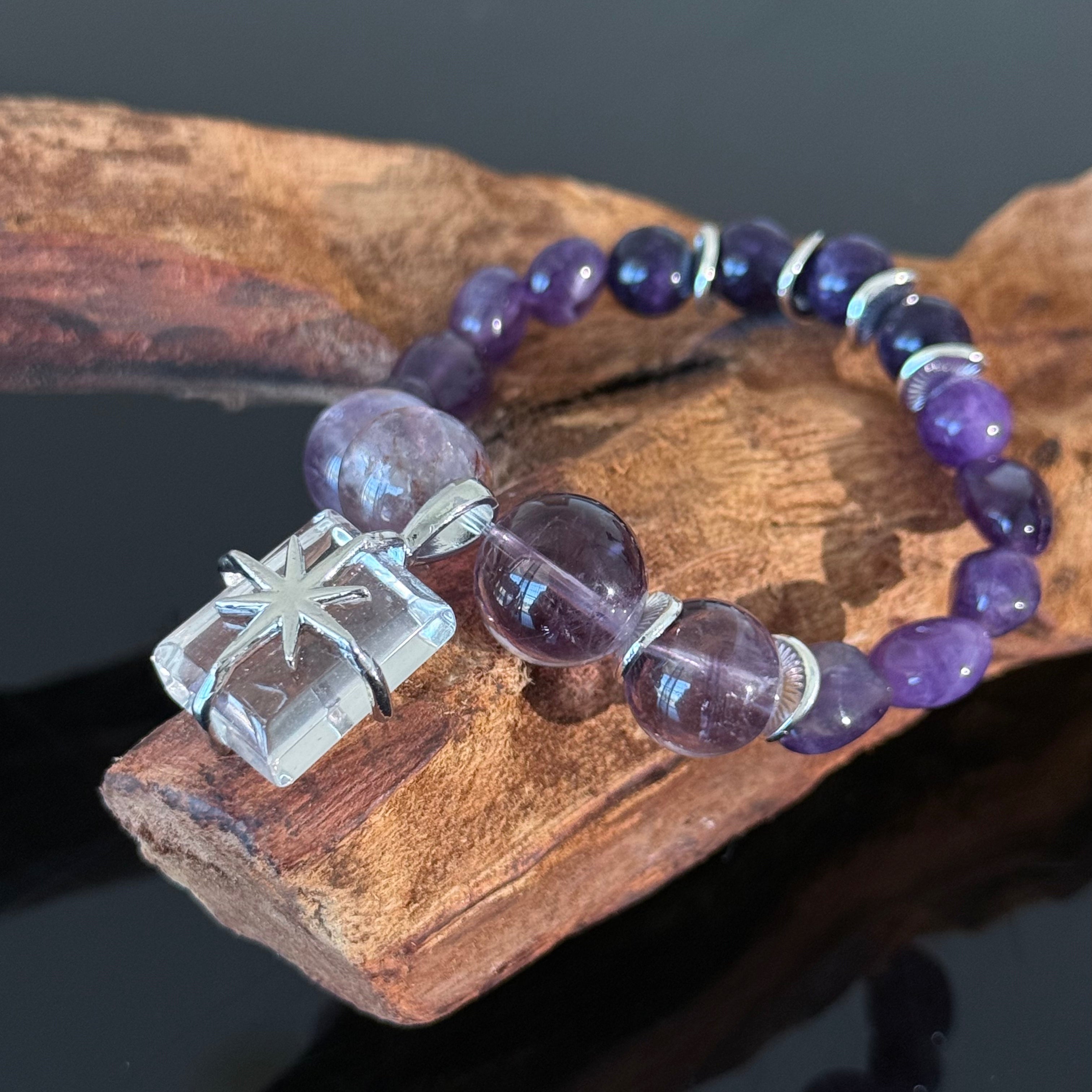 Amethyst Crystal Bracelet with Gift Box Charm – Handmade Purple Healing Energy Beaded Bracelet