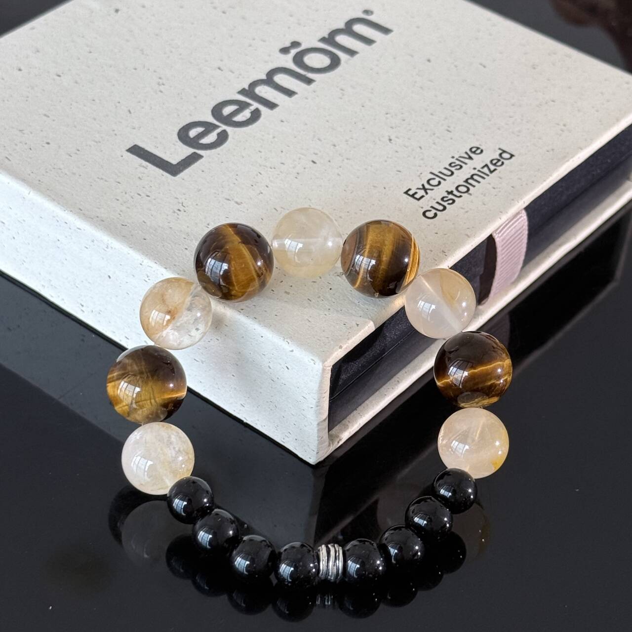 Handcrafted Tiger's Eye & Clear Quartz Beaded Bracelet — Black Agate Protective Energy Stretch Bracelet