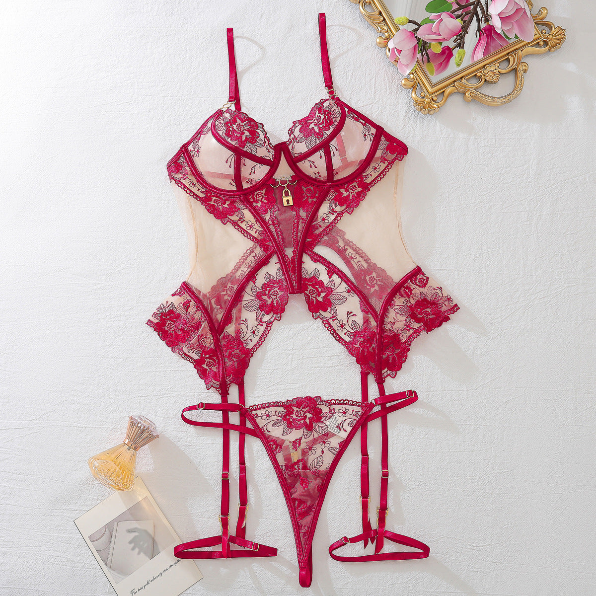 Three-Piece Lingerie Set Mesh Underwire Backless Bodysuit Removable Garter Belt