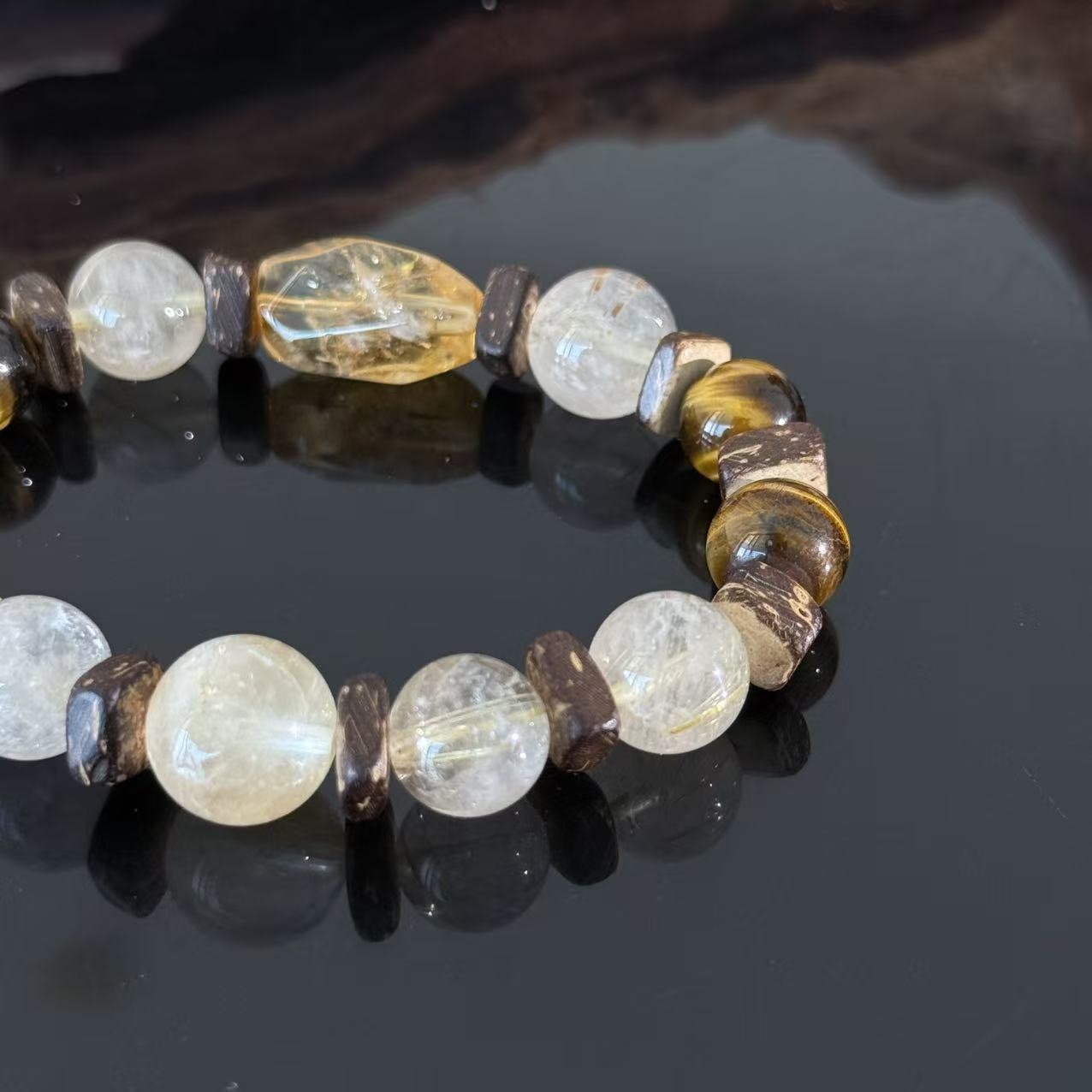 Golden Citrine & Tiger Eye Manual Beaded Bracelet – Natural Crystal Energy Bracelet with Wood Accents
