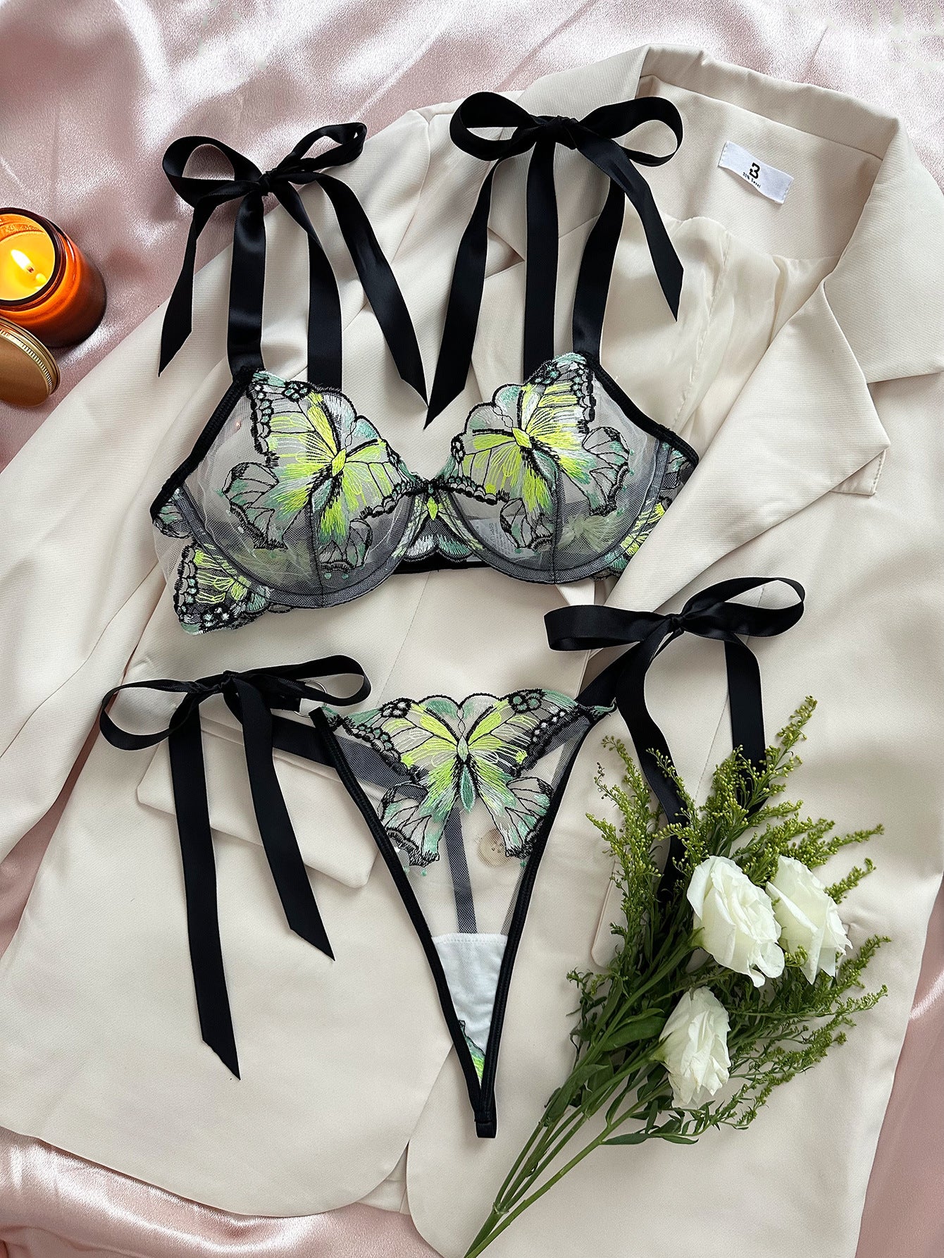 Butterfly Mesh Embroidery See-through Lingerie Set