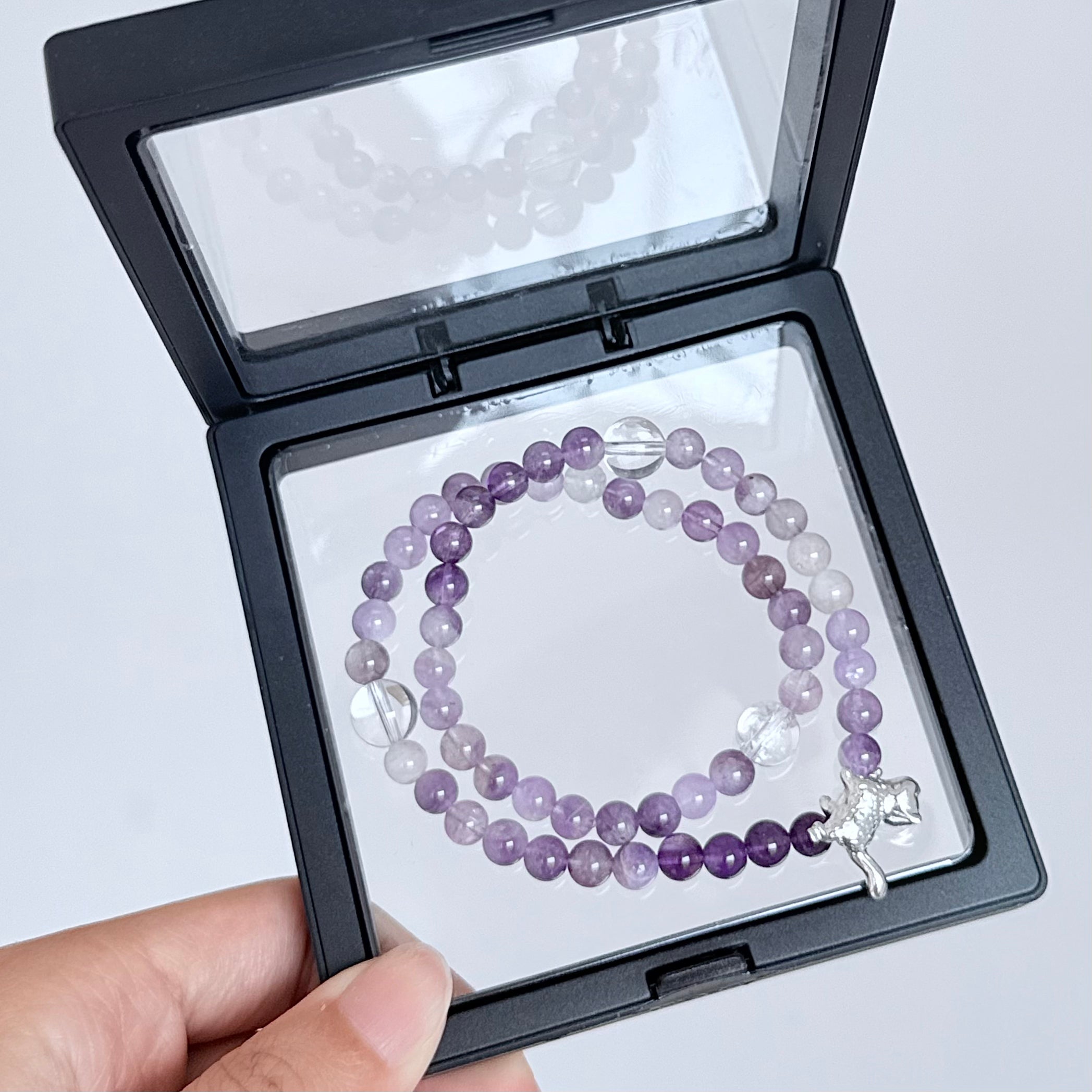 Amethyst & Clear Quartz Bracelet with Silver Cat Charm