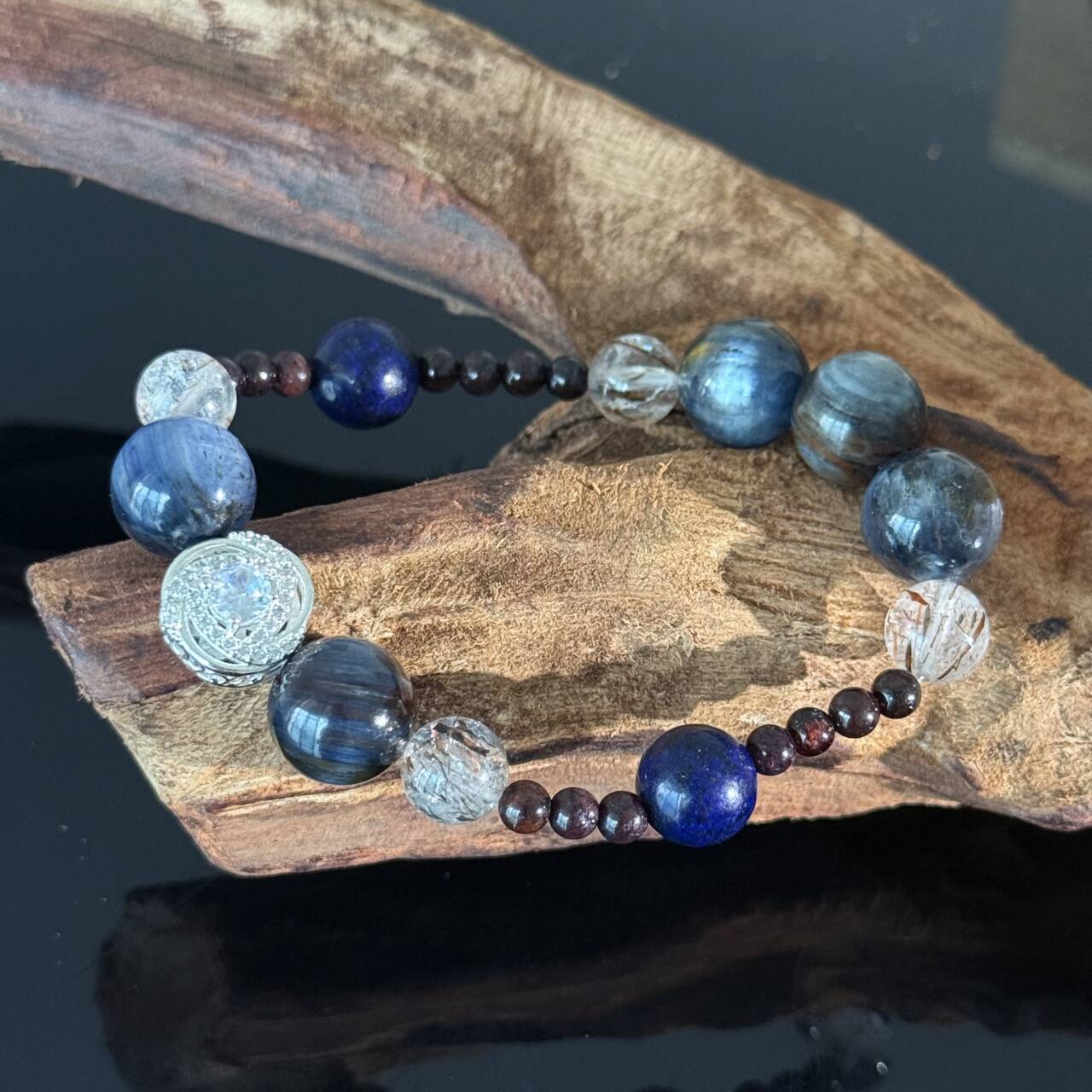 Natural Labradorite, Lapis Lazuli & Rutilated Quartz Crystal Bracelet – Handmade Healing Energy Bracelet for Protection, Wisdom & Confidence