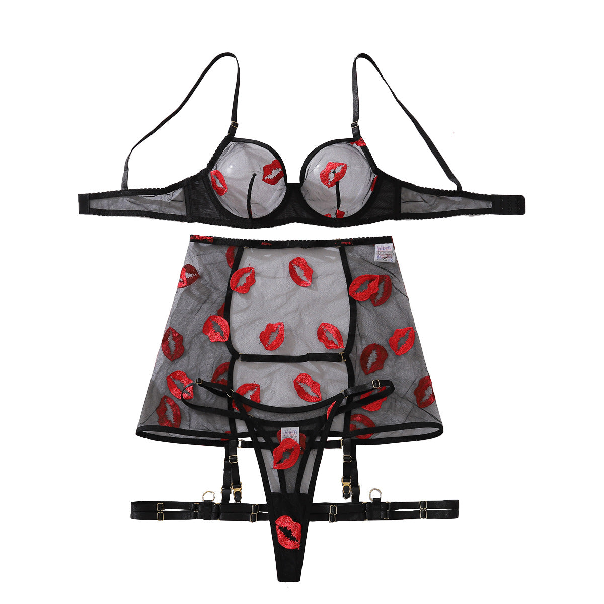Mesh Transparent Embroidered Red Lips Lingerie