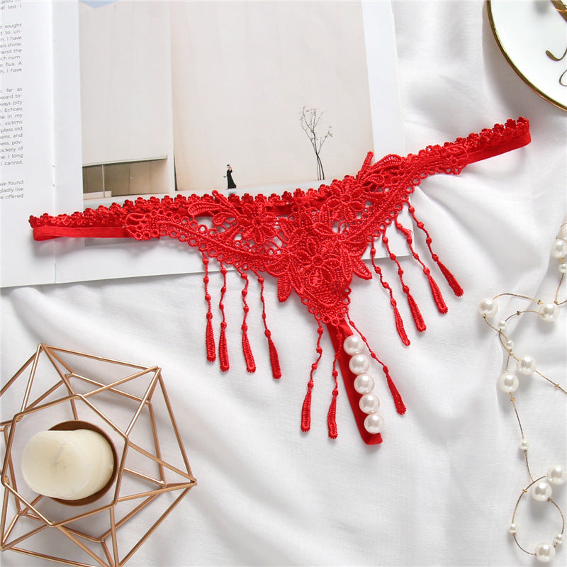 Embroidered Tassel Pearl Open Crotch Thong