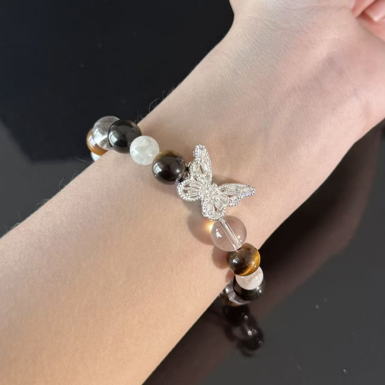 Tiger's Eye and Clear Quartz Bracelet (with Butterfly Charm) — A Handcrafted Beaded Bracelet Symbolizing Protection and Balanced Energy
