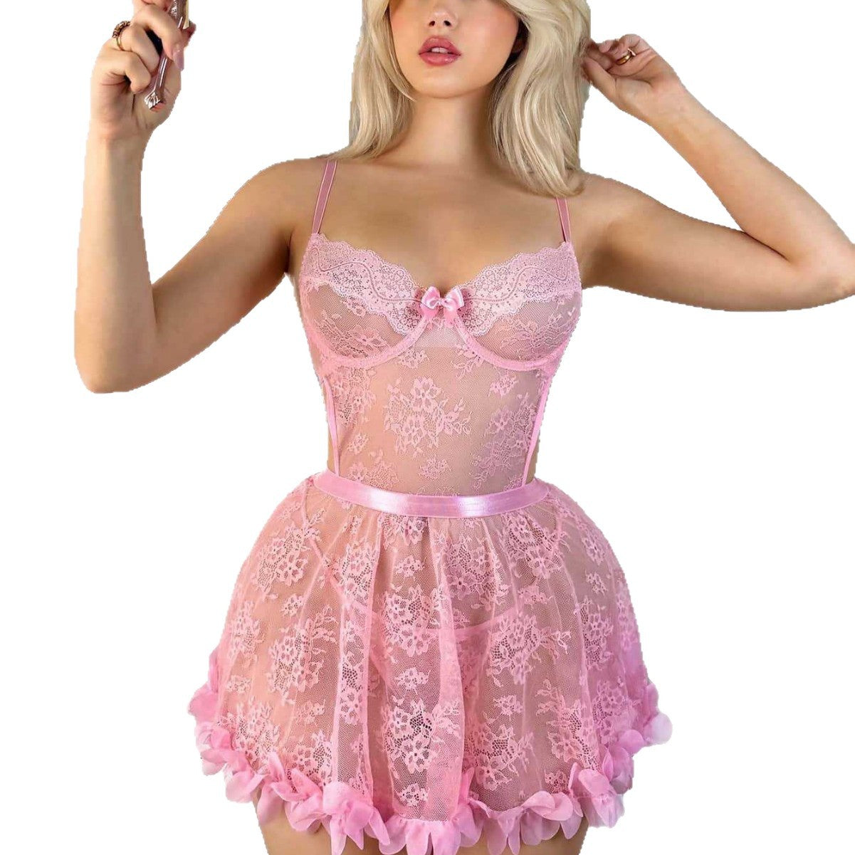 Flower Embroidery See-through Lace Lingerie Set