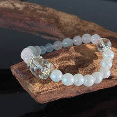Aquamarine & Rose Quartz Crystal Bracelet with Clear Quartz Center Bead – Handmade Healing Energy Bracelet