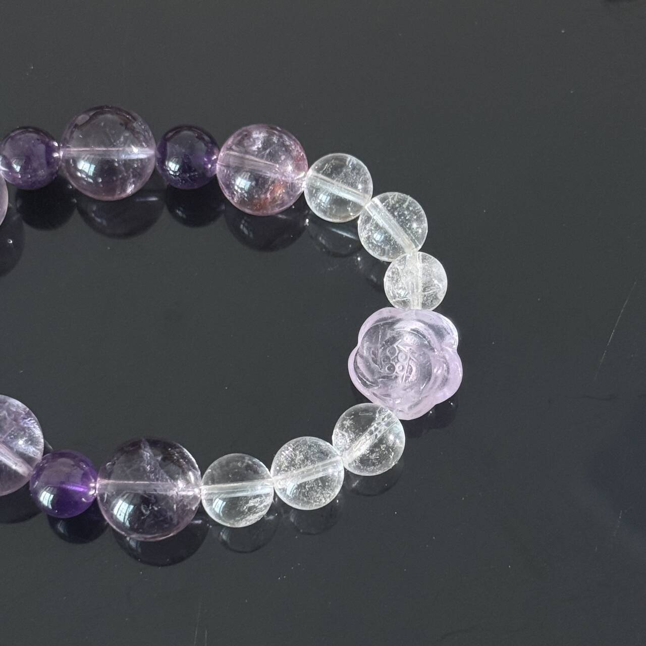 Handcrafted Amethyst & Clear Quartz Bracelet | Rose-Shaped Healing Gemstone Bracelet