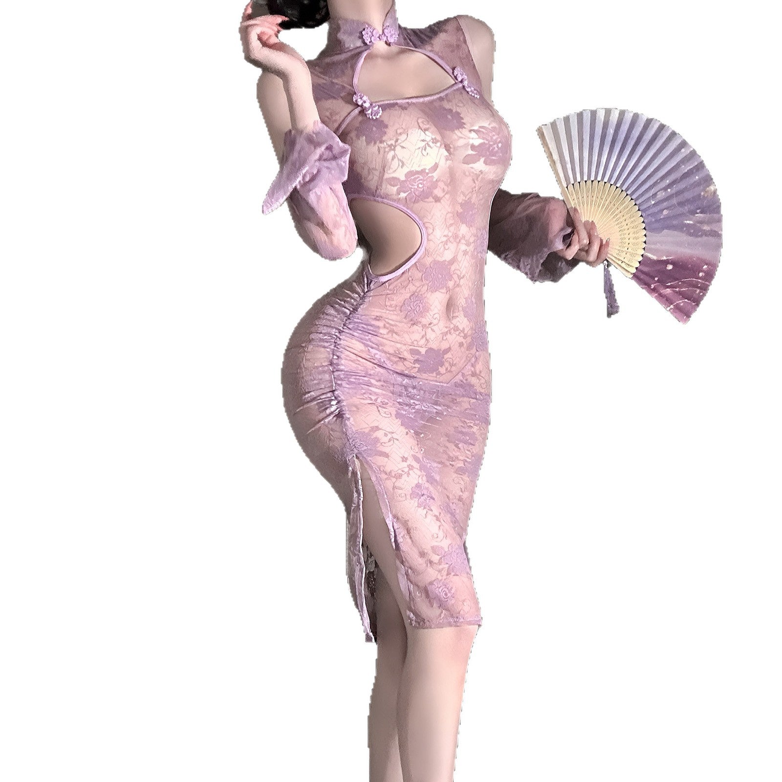 Style Lace See-through Purple Cheongsam Suit