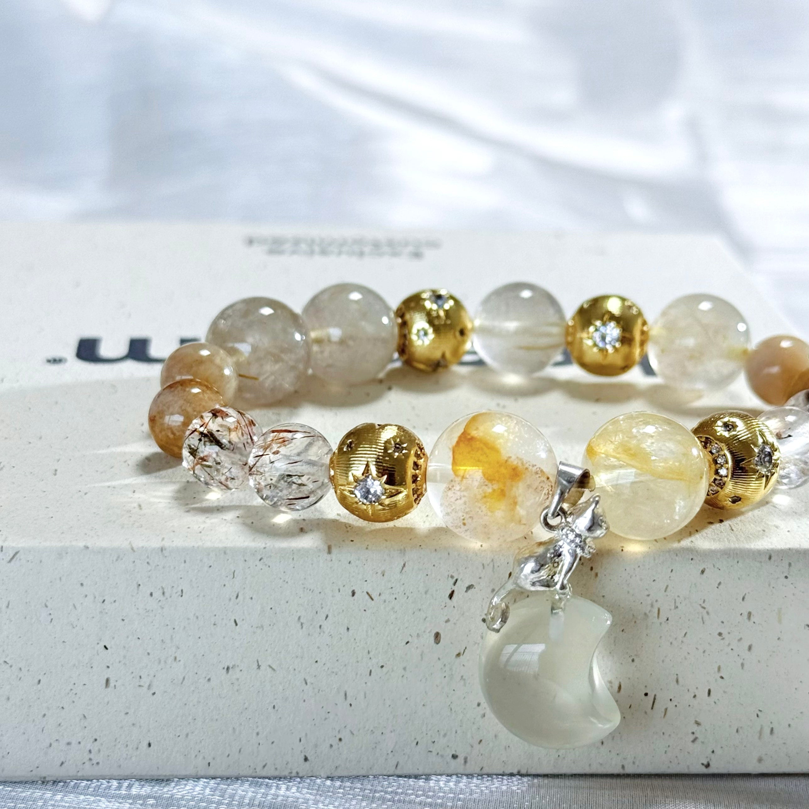 Crescent-shaped crystal bead bracelet | Natural golden rutilated quartz healing stone bracelet