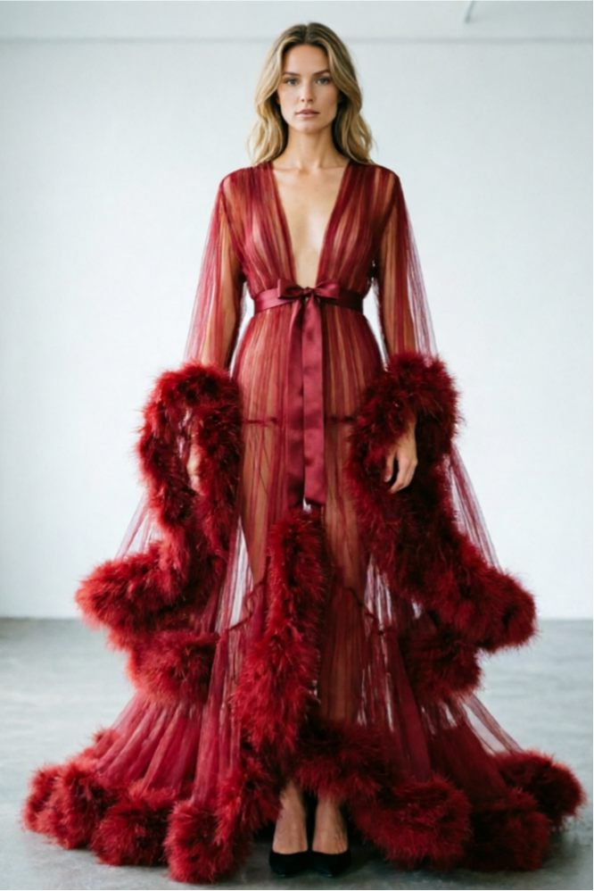 Feather Bell Sleeve Trailing Dress