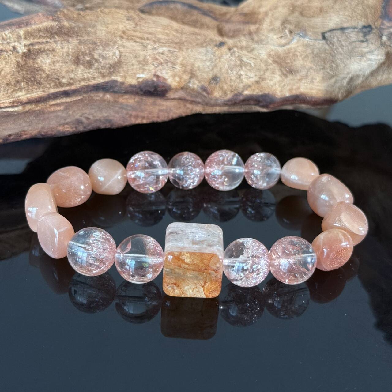 Handcrafted Rose Quartz & Strawberry Quartz Bracelet — Healing Love Energy Beaded Stretch Bracelet Featuring a Center Stone