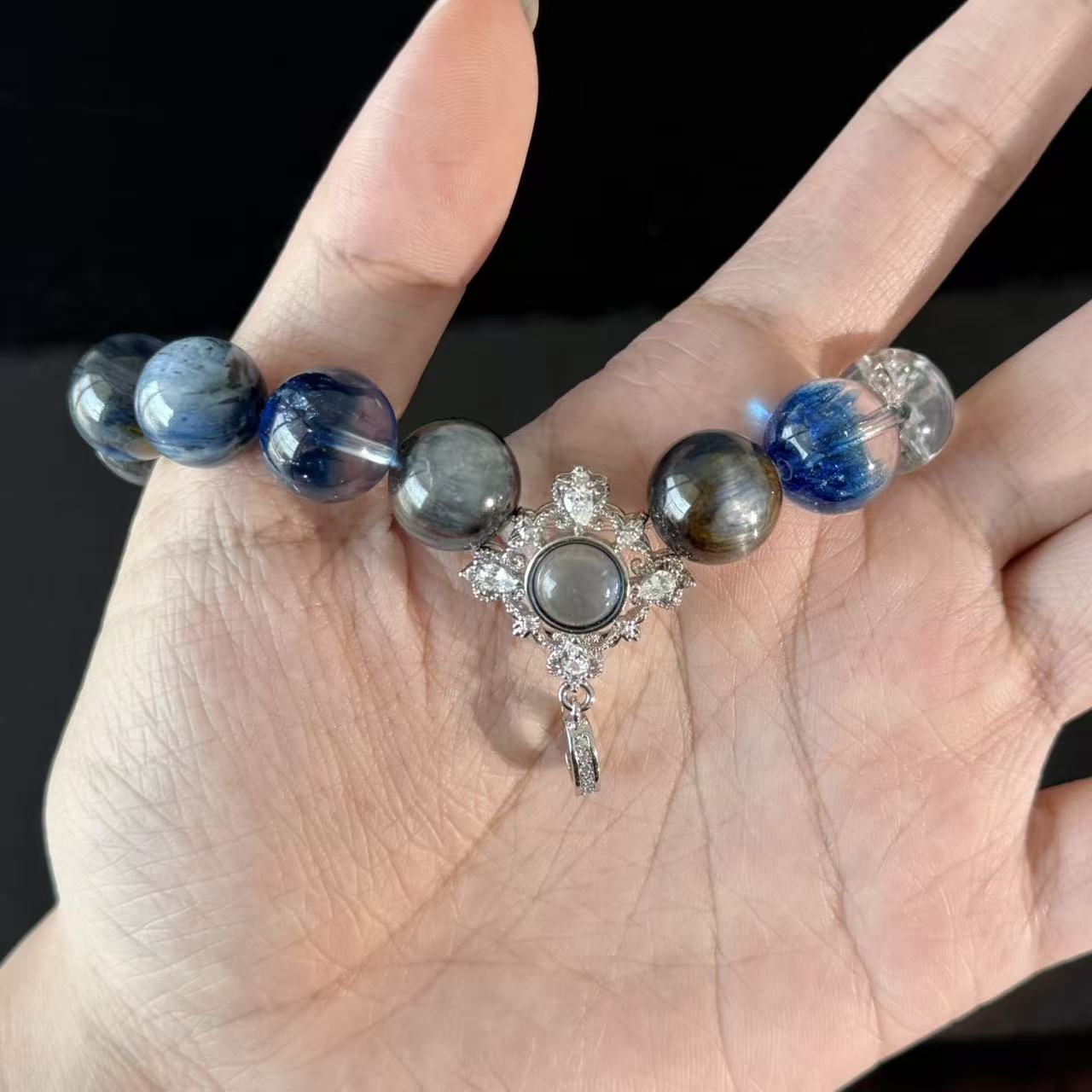 Blue Galaxy Handmade Crystal Bracelet — Natural White Crystal, Aquamarine, and Labradorite Beaded Bracelet