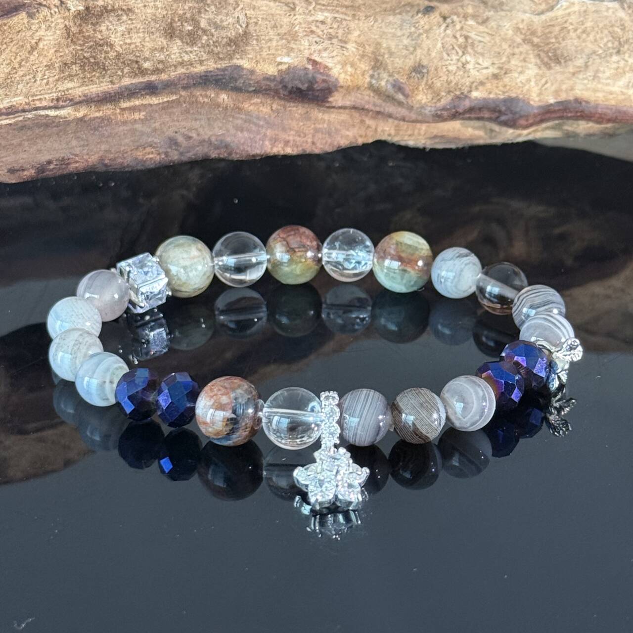 Handcrafted Bracelet featuring Colorful Agate and Clear Crystal — A Handmade Healing Gemstone Bracelet with a Flower Charm