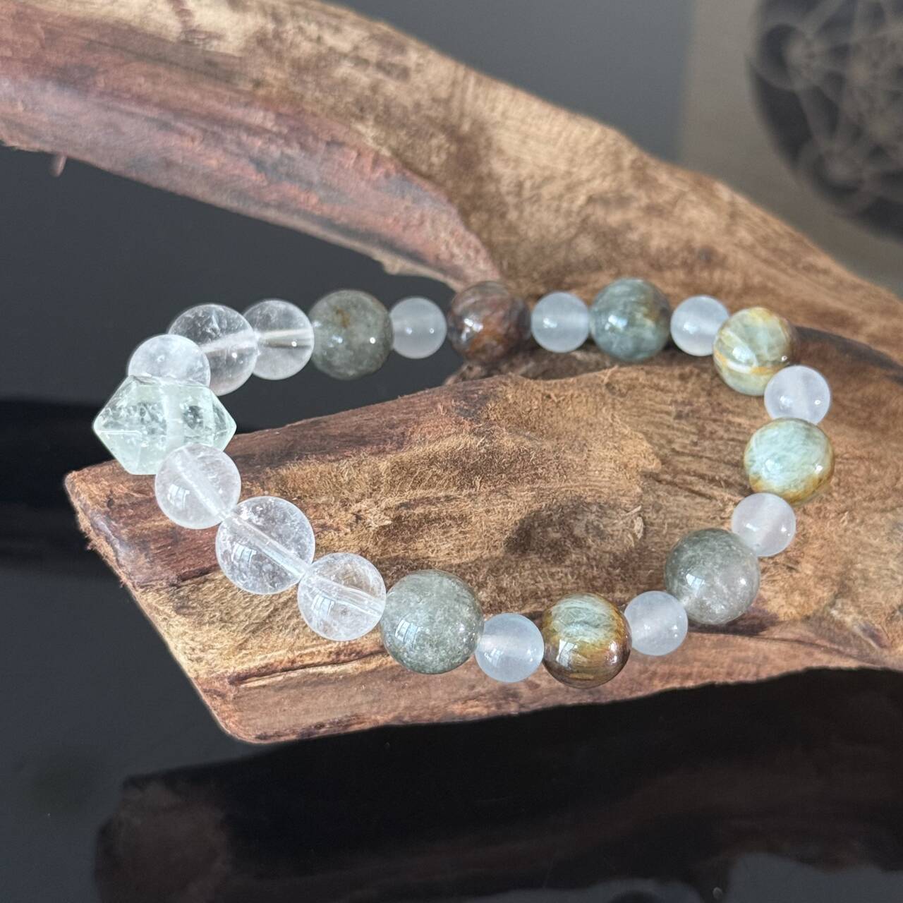 Handcrafted Natural White Crystal and Ocean Jasper Bracelet — Healing Energy Stretch Gemstone Bead Bracelet