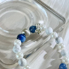 Blue Kyanite White Howlite Pearl Bow Beaded Bracelet, Calming Energy Crystal Bracelet for Women, Dainty Daily Wear Jewelry Gift