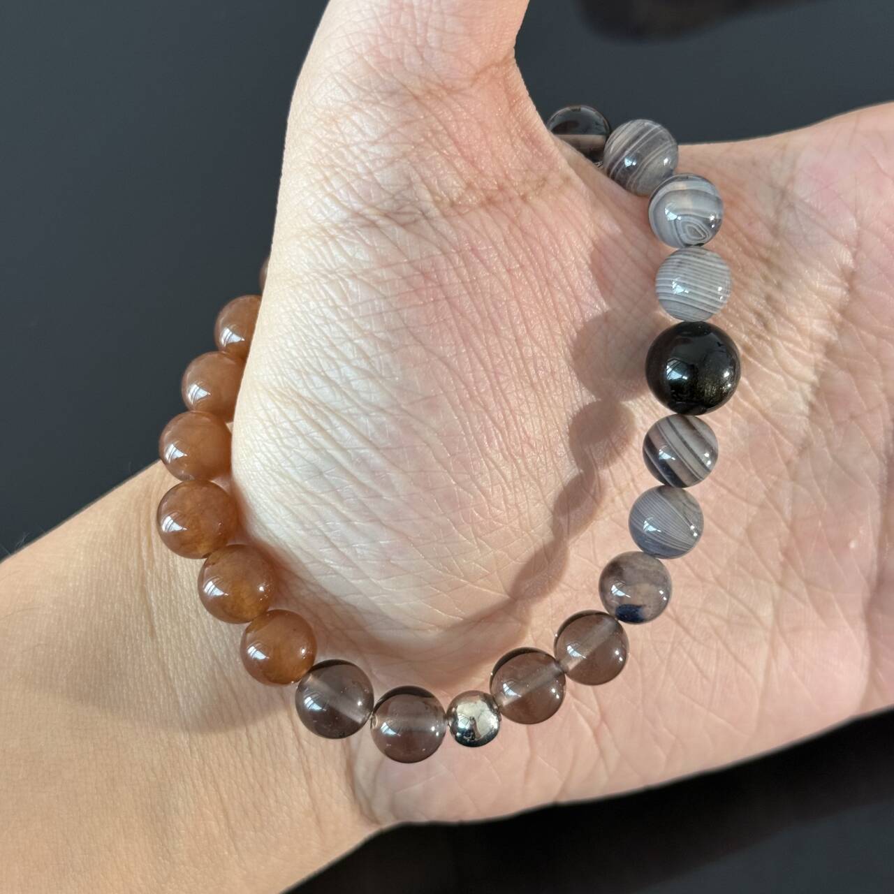 Sunstone, Black Agate & Clear Quartz Crystal Bracelet – Confidence, Protection & Energy Balance Gemstone Beaded Bracelet | Handmade Healing Jewelry