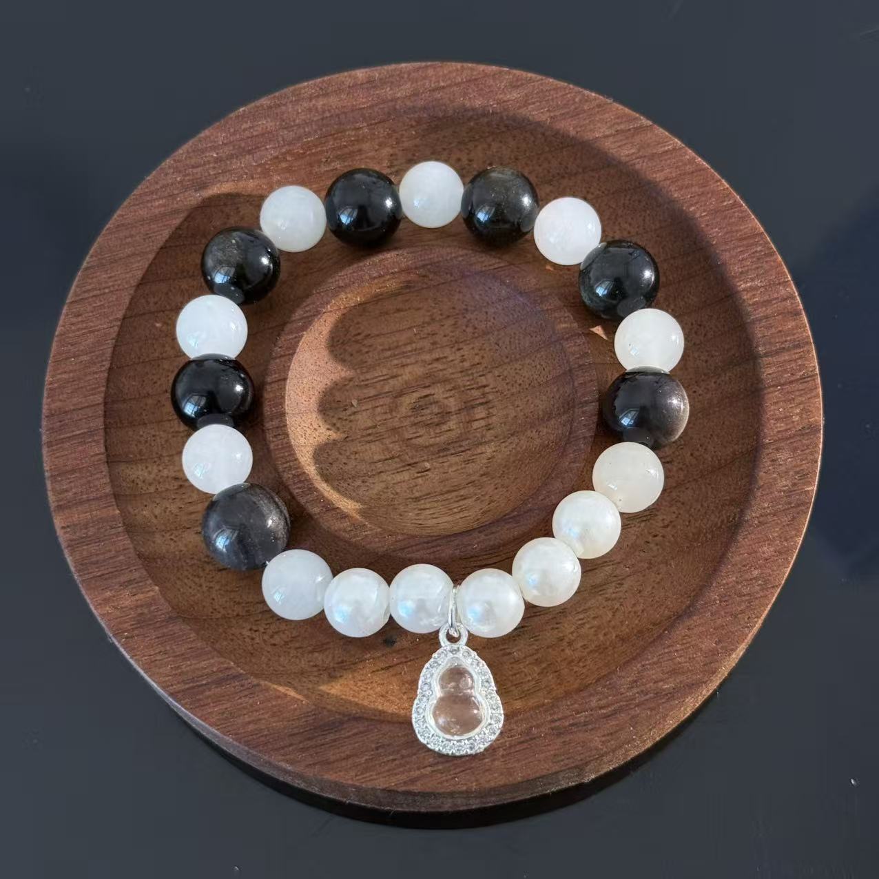 Handcrafted Obsidian & White Moonstone Crystal Bracelet — Guardian & Balancing Gemstone Beaded Bracelet (With Pendant)