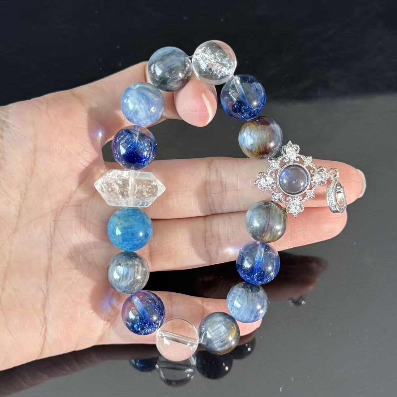 Blue Galaxy Handmade Crystal Bracelet — Natural White Crystal, Aquamarine, and Labradorite Beaded Bracelet
