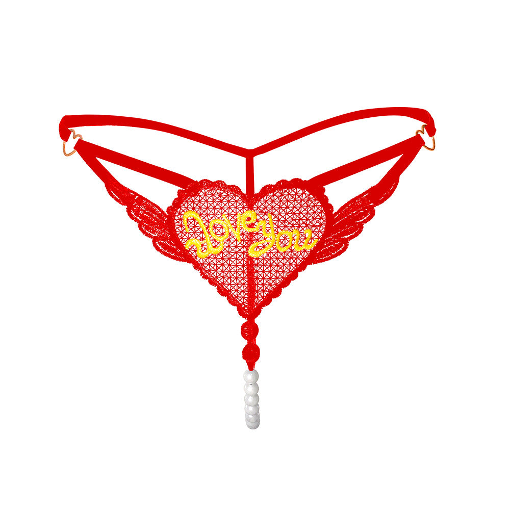 "Love You" Open Crotch Mesh Underwear With Pearls