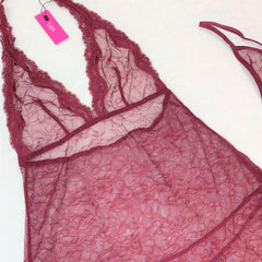 Lace Halter Chemise Lingerie Set - Merlot Elegance