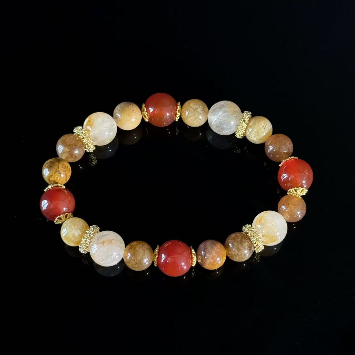 Handmade Multi Stone Crystal Bracelet | Red Agate & Golden Rutilated Quartz Healing Stretch Bracelet
