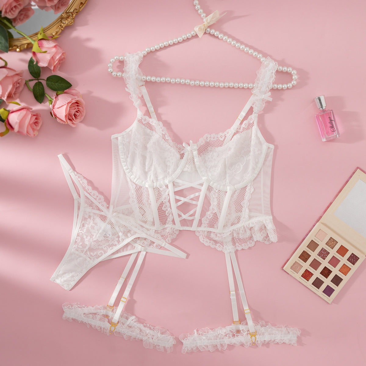 Velvet Embroidery Lace Underwear Bow Hollow out Suit