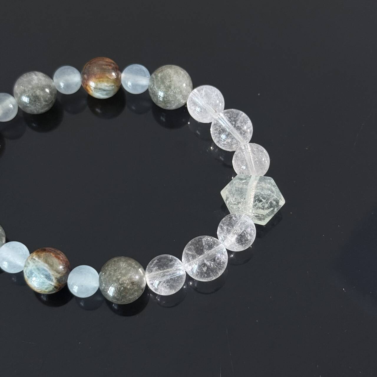 Handcrafted Natural White Crystal and Ocean Jasper Bracelet — Healing Energy Stretch Gemstone Bead Bracelet