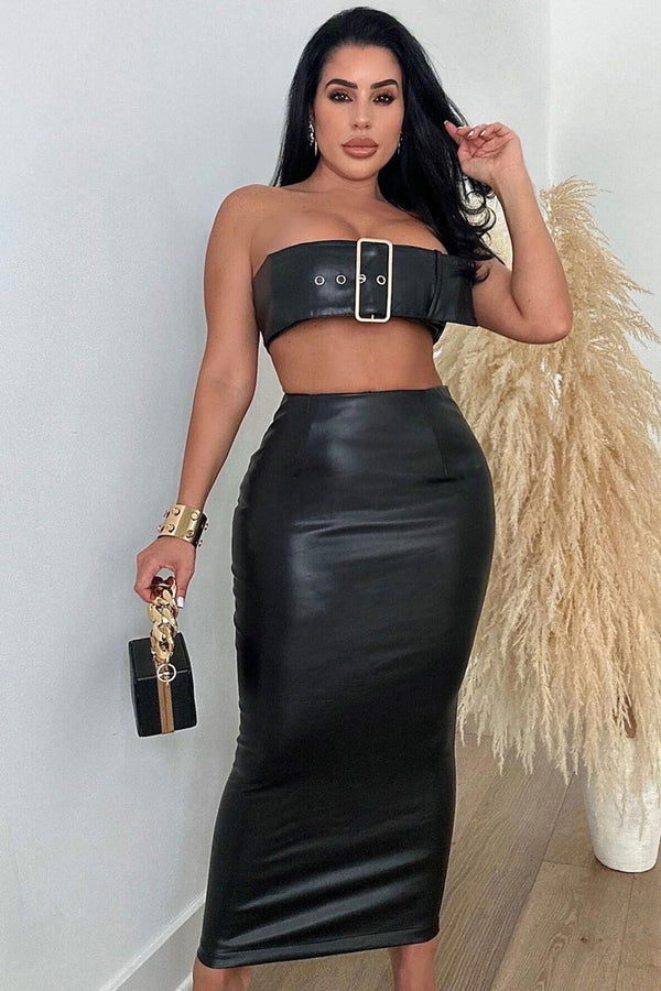 2-Piece Dress Set PU Leather Metal Buckle-Embellished Crop Top Split Package Hip Skirt