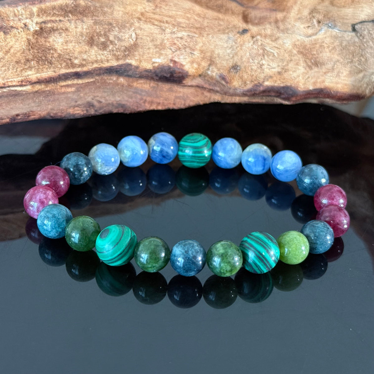 Handcrafted Multi-Color Natural Gemstone Bracelet — Malachite, Blue Apatite, and Tourmaline Crystal Beaded Bracelet