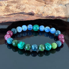 Handcrafted Multi-Color Natural Gemstone Bracelet — Malachite, Blue Apatite, and Tourmaline Crystal Beaded Bracelet