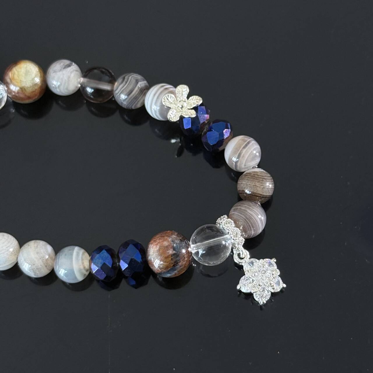 Handcrafted Bracelet featuring Colorful Agate and Clear Crystal — A Handmade Healing Gemstone Bracelet with a Flower Charm